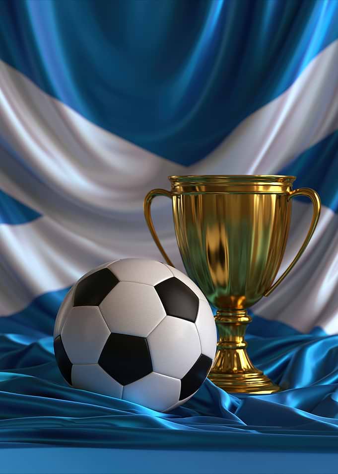 Soccer Trophy and Ball on Scottish Flag