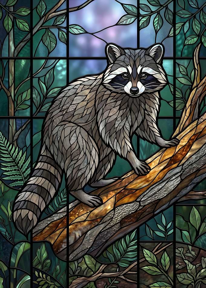 Stained Glass Raccoon in Forest