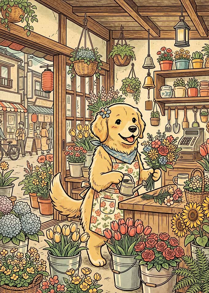 Cute Dog Florist Arranging Flowers