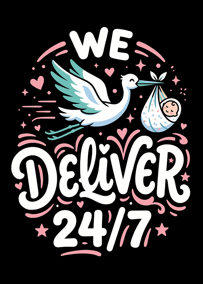 We Deliver 24/7 Stork Baby Illustration