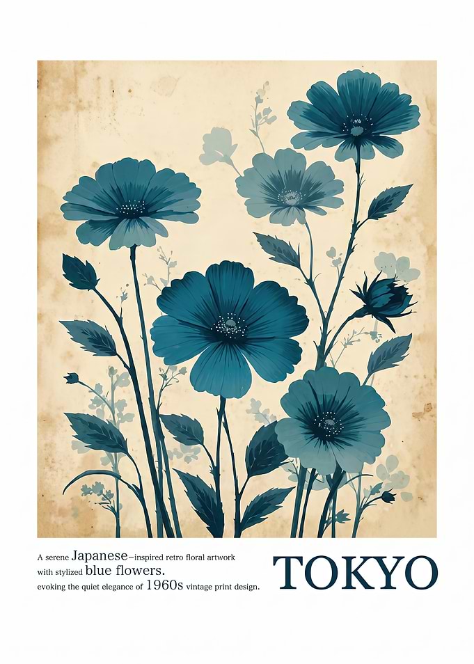 Retro Tokyo Blue Floral Vintage Poster