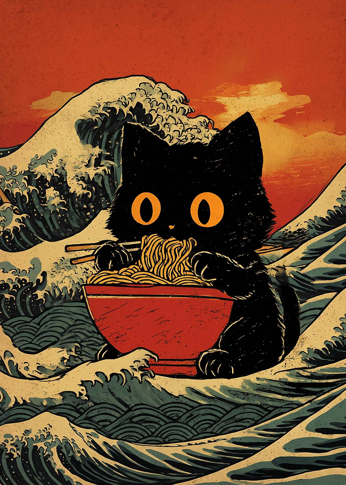 Black Cat Eating Ramen in Great Wave