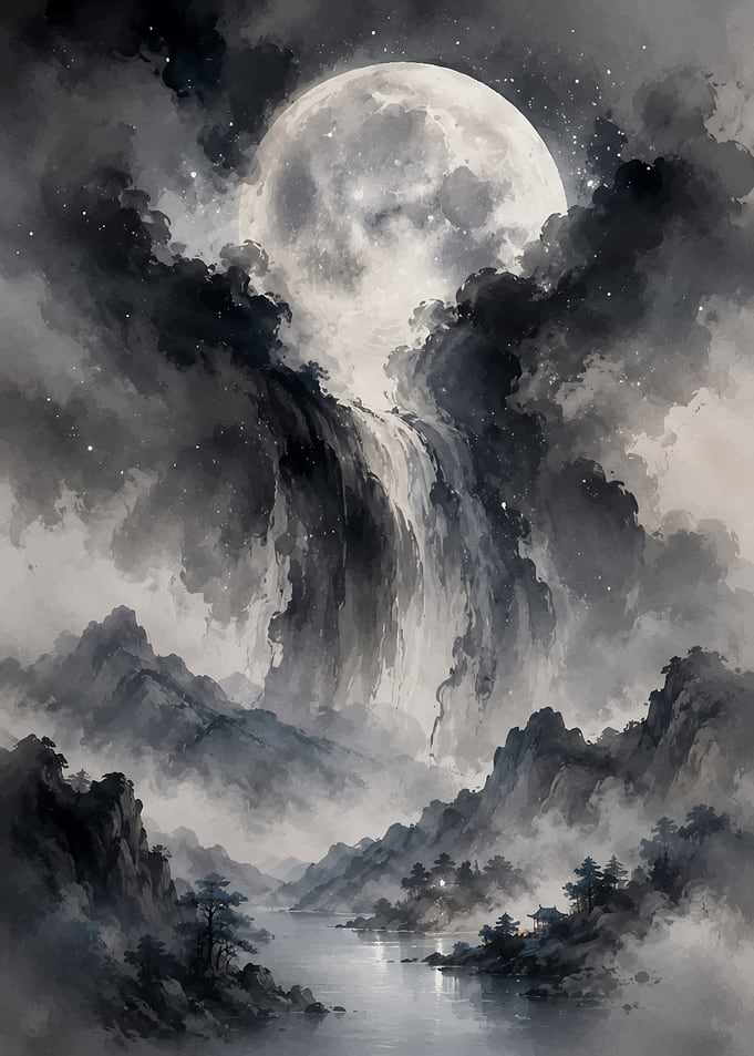 Moonlit Waterfall in Misty Mountains