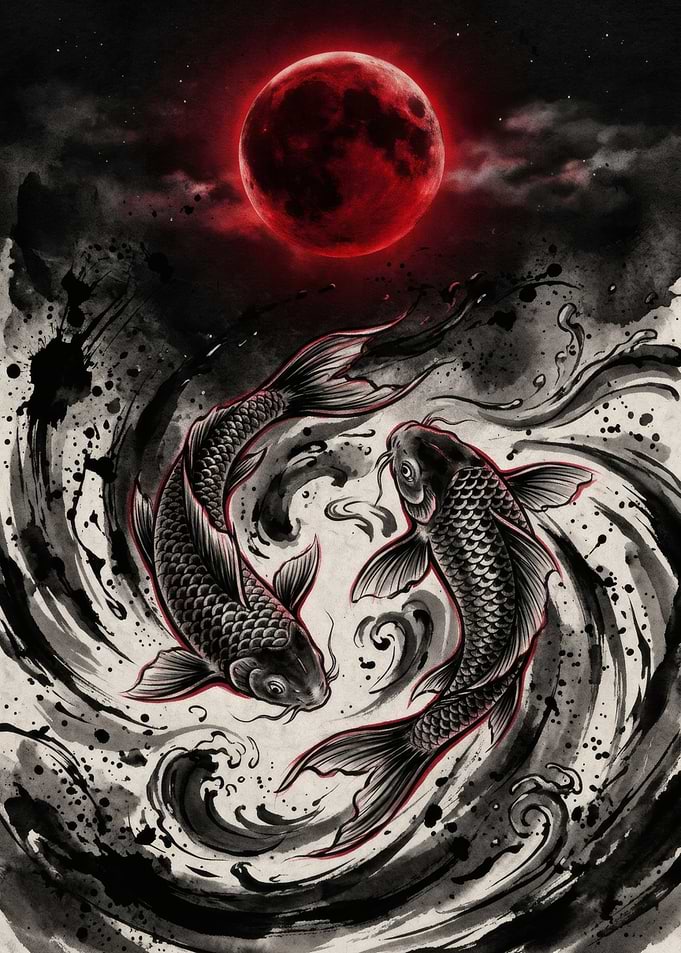 Koi Fish Under Red Moon