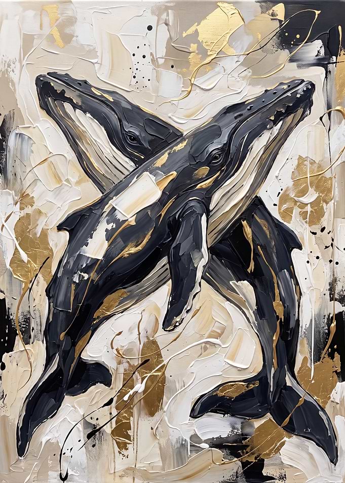 Abstract Gold and Black Whale Painting