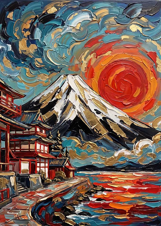 Impasto Mount Fuji and Pagoda at Sunset