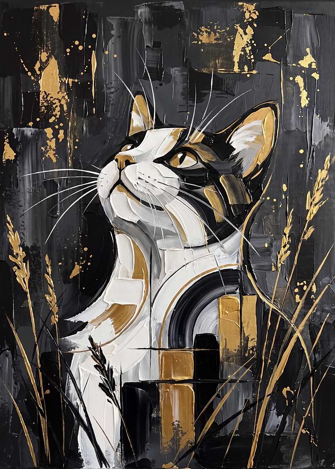 Abstract Gold and Black Cat Painting