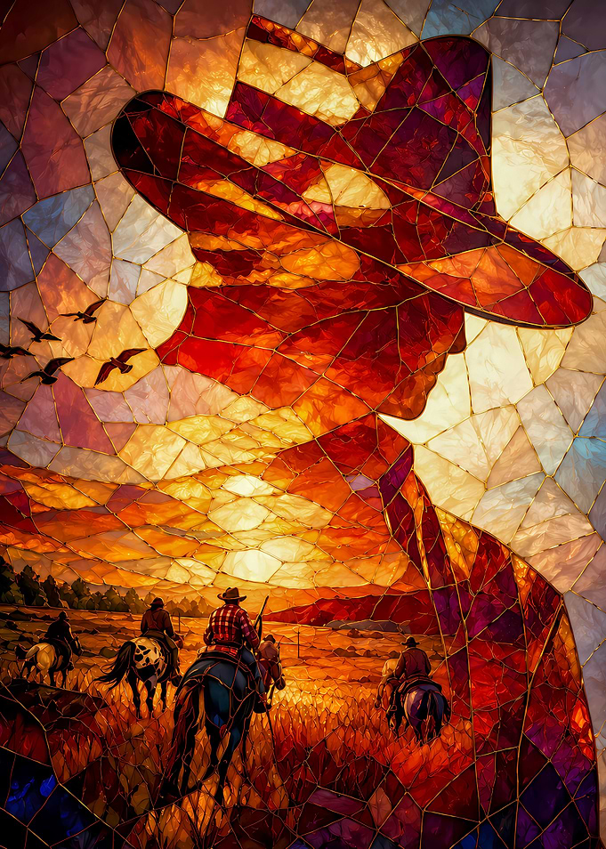 Stained Glass Cowboy Sunset Silhouette