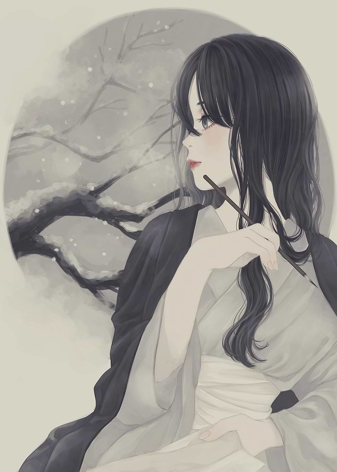 Woman with Calligraphy Brush in Winter