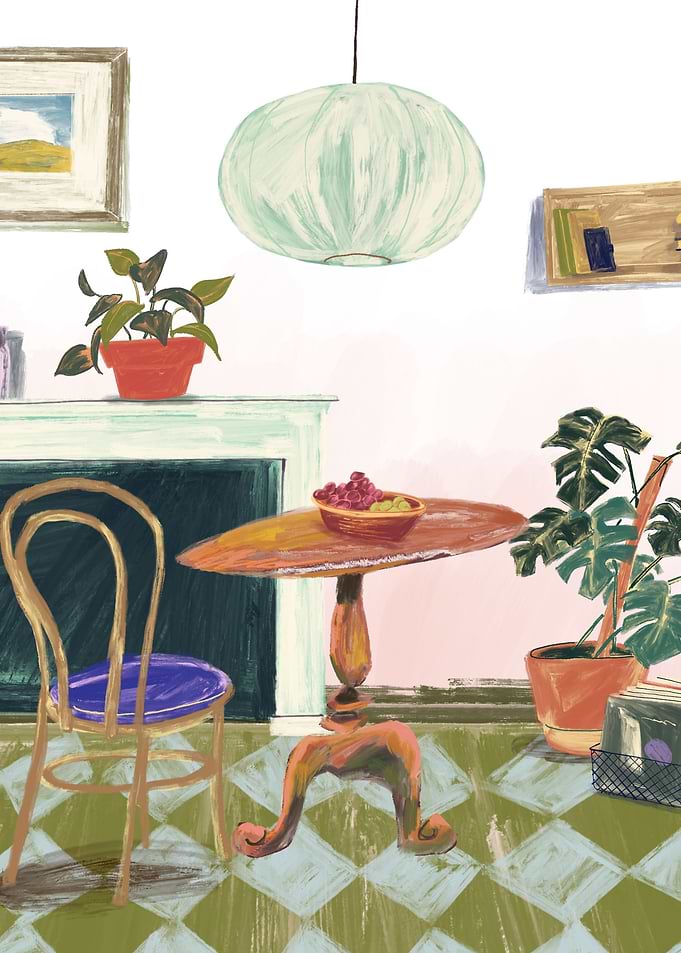 Cozy Interior with Round Table and Plants