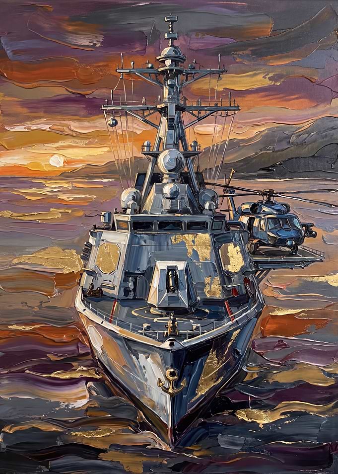 Impressionist Naval Destroyer at Sunset