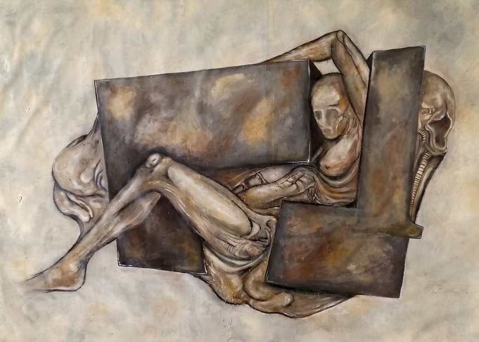 Biomechanical Surrealist Figure with Geometric Blocks