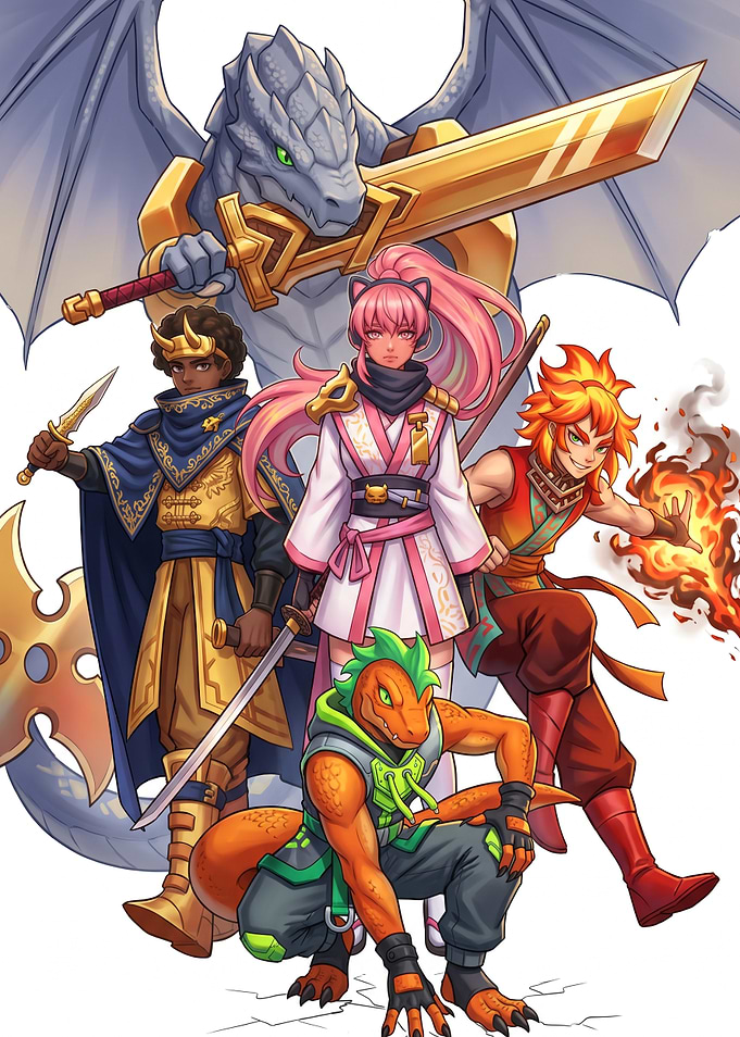 Fantasy Hero Party with Giant Dragon