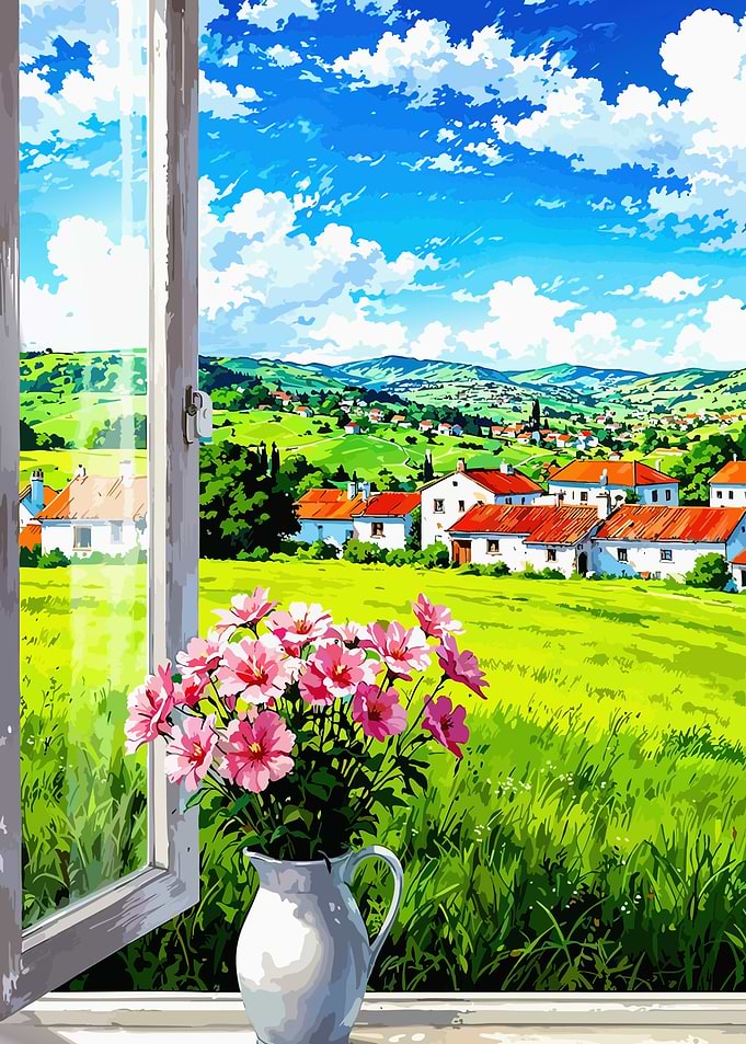 Scenic Village View from an Open Window