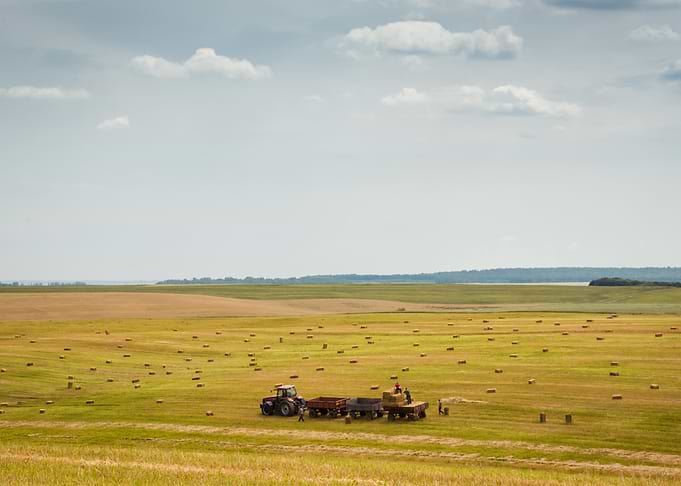 Harvesting Hay Bales in Rural Landscape