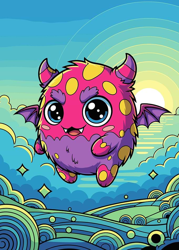 Cute Pink Monster in Stylized Landscape
