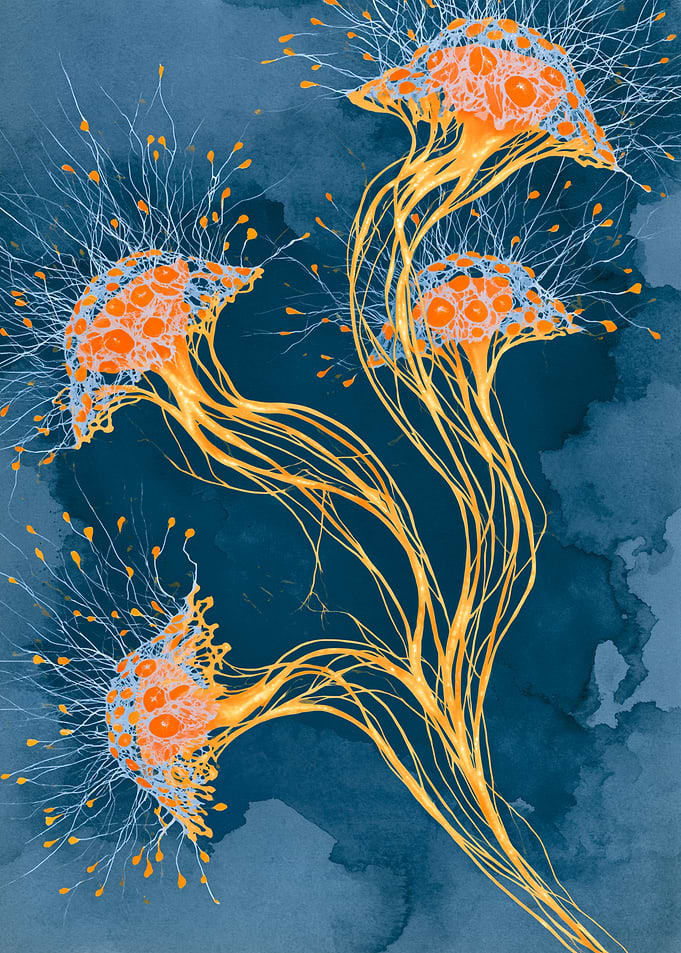 Glowing Neural Bloom on Deep Blue Canvas
