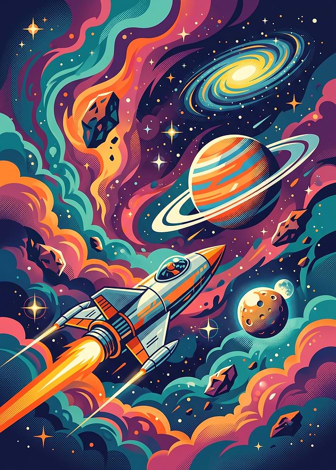 Retro Space Rocket Adventure Illustration