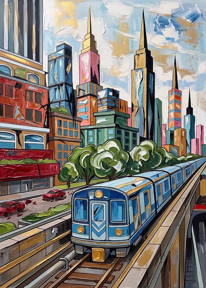 Vibrant Cityscape with Elevated Blue Train