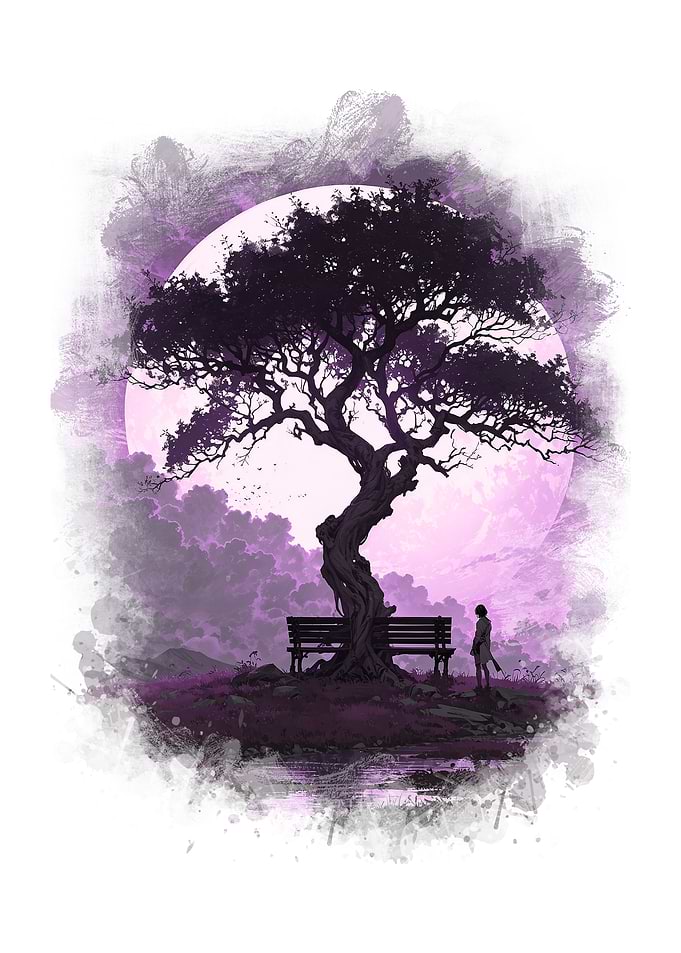 Solitary Figure Under Purple Moon Tree
