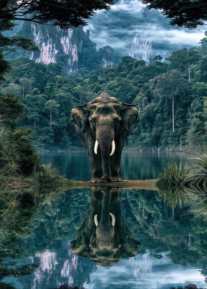 Majestic Elephant Reflection in Jungle Lake