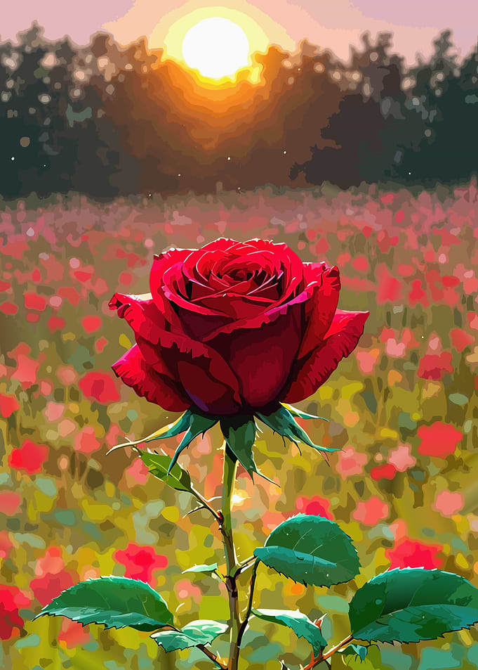 Red Rose in a Sunset Field