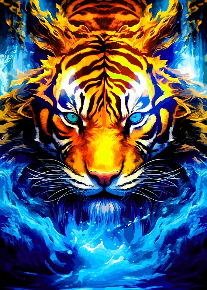 Fiery Tiger Emerging from Blue Water