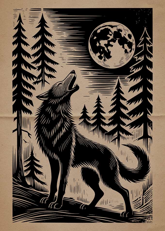 Wolf Howling at the Full Moon Woodcut
