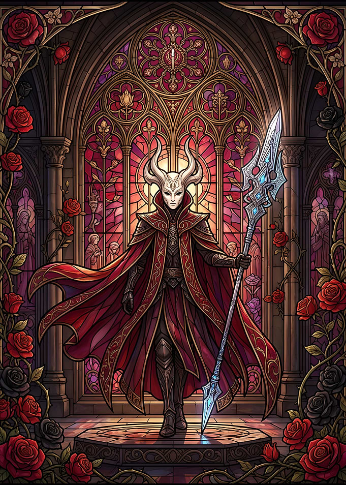 Masked Horned Warrior in Stained Glass Cathedral