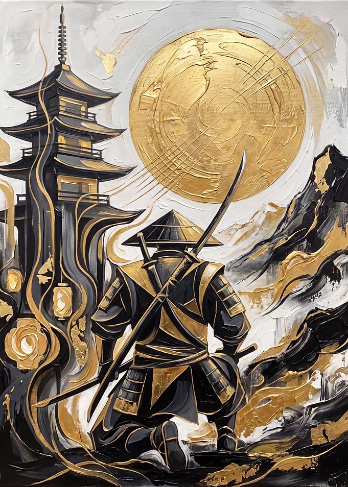 Golden Samurai and Pagoda Landscape