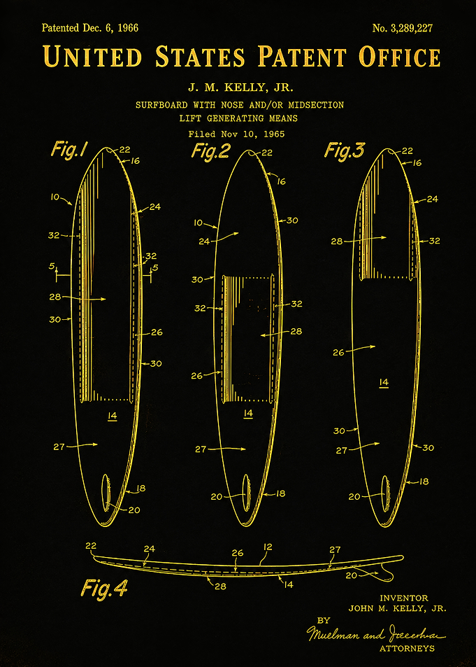 1966 Surfboard Patent Drawing Gold on Black