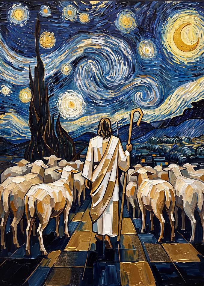The Good Shepherd Under a Starry Night