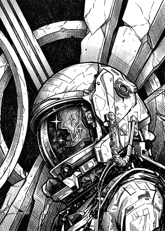 Astronaut in Starry Helmet Ink Drawing