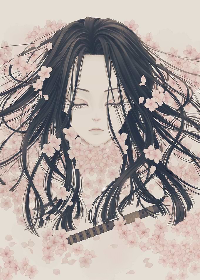 Serene Anime Girl with Sakura and Flute