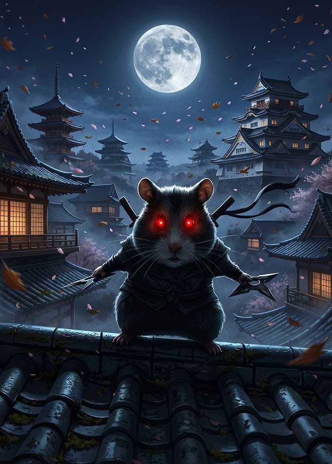 Ninja Hamster on a Japanese Rooftop