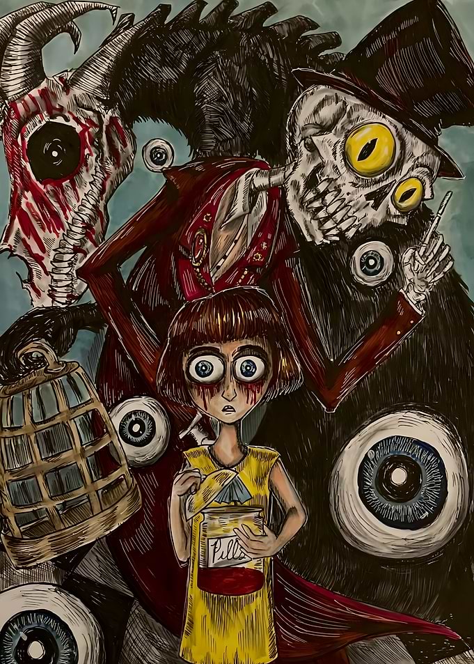 Surreal Horror Illustration with Girl and Monsters