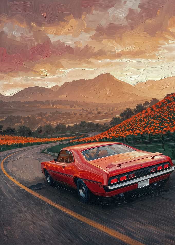 Red Muscle Car on Scenic Mountain Road