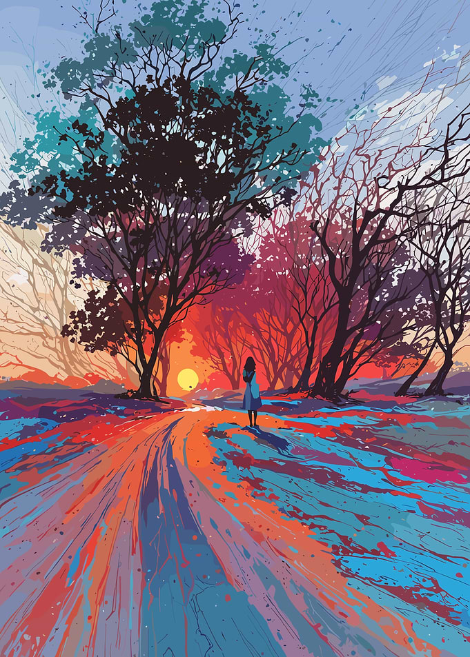 Vibrant Surreal Forest Sunset Landscape