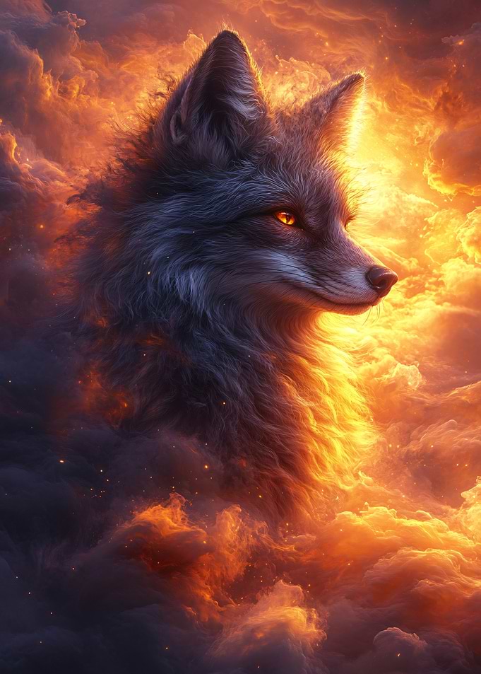 Majestic Fox Emerging from Fiery Clouds