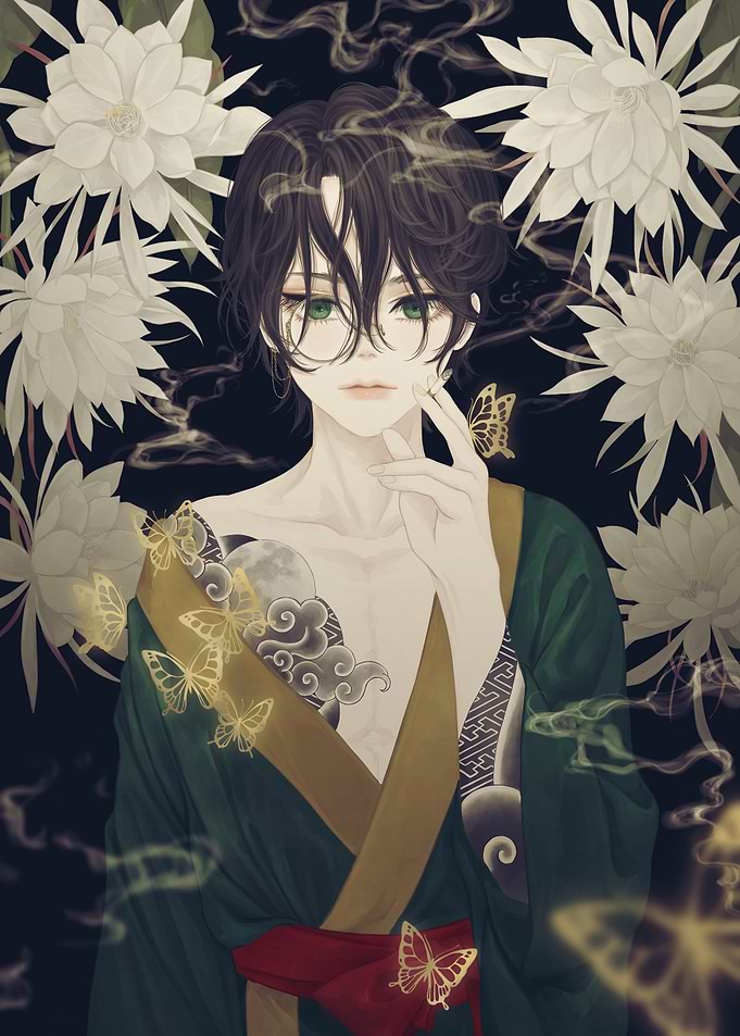 Ethereal Anime Man with Golden Butterflies