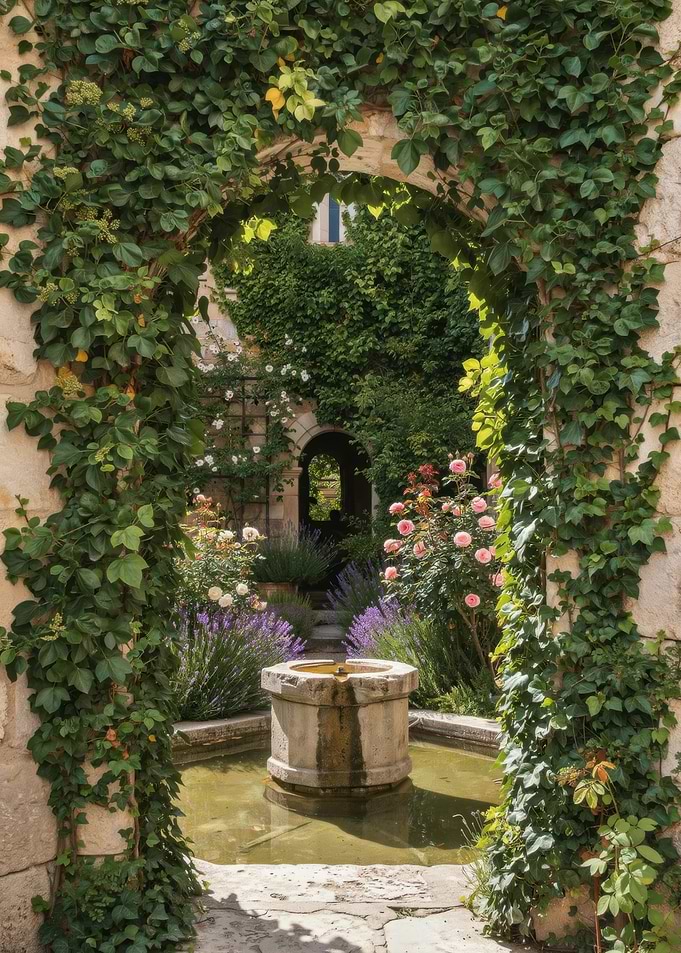 Enchanted Garden Courtyard with Stone Fountain