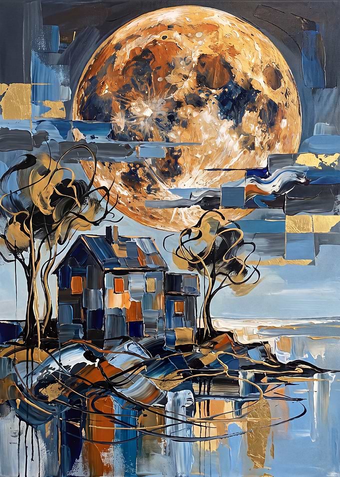 Golden Full Moon over a Blue Cottage