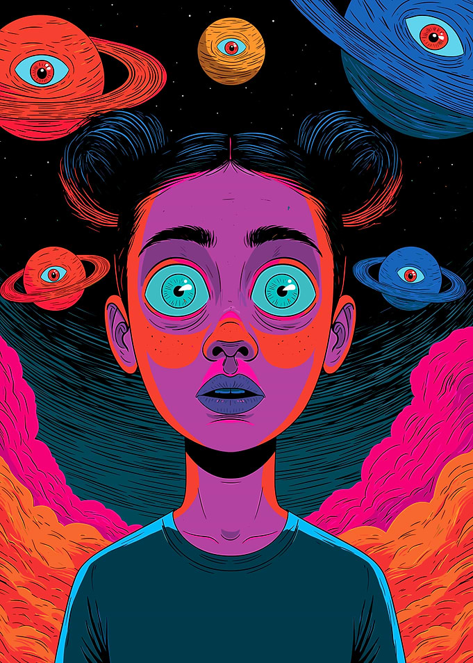 Surreal Girl with Cosmic Eyeball Planets