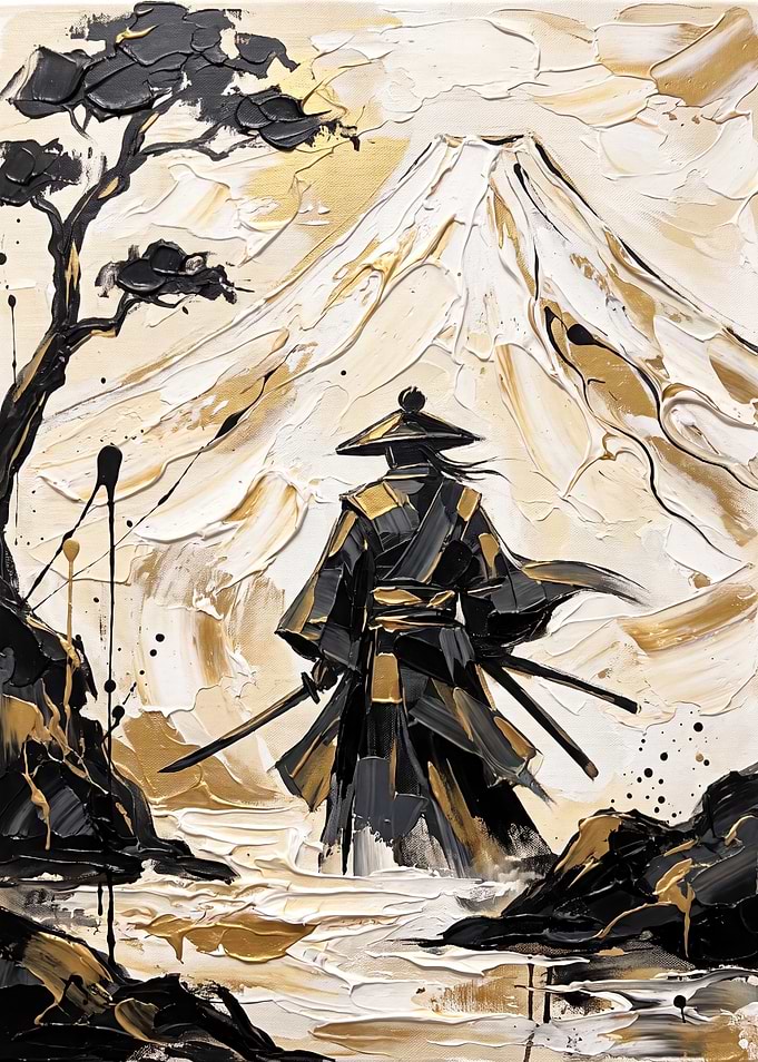 Samurai Facing Mount Fuji Impasto Painting