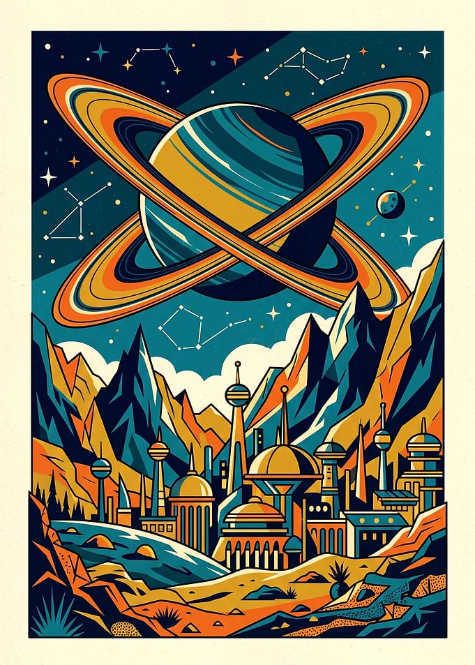 Retro Ringed Planet Over Futuristic City | Vintage Sci-Fi Space