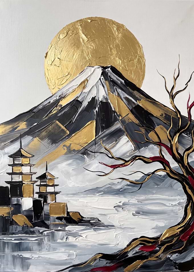 Mount Fuji with Golden Sun and Pagoda