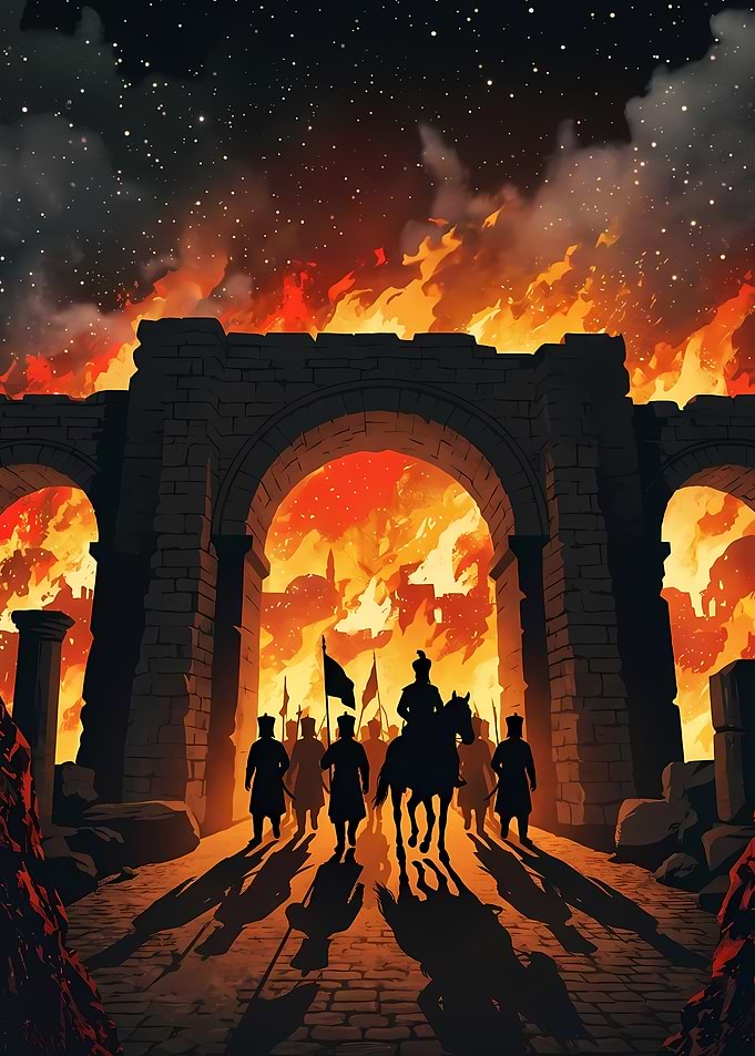 Soldiers Marching Through Burning City Gate