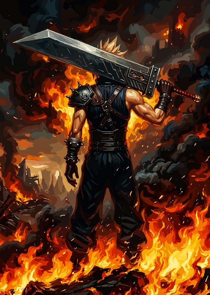 Cloud Strife Amidst the Flames