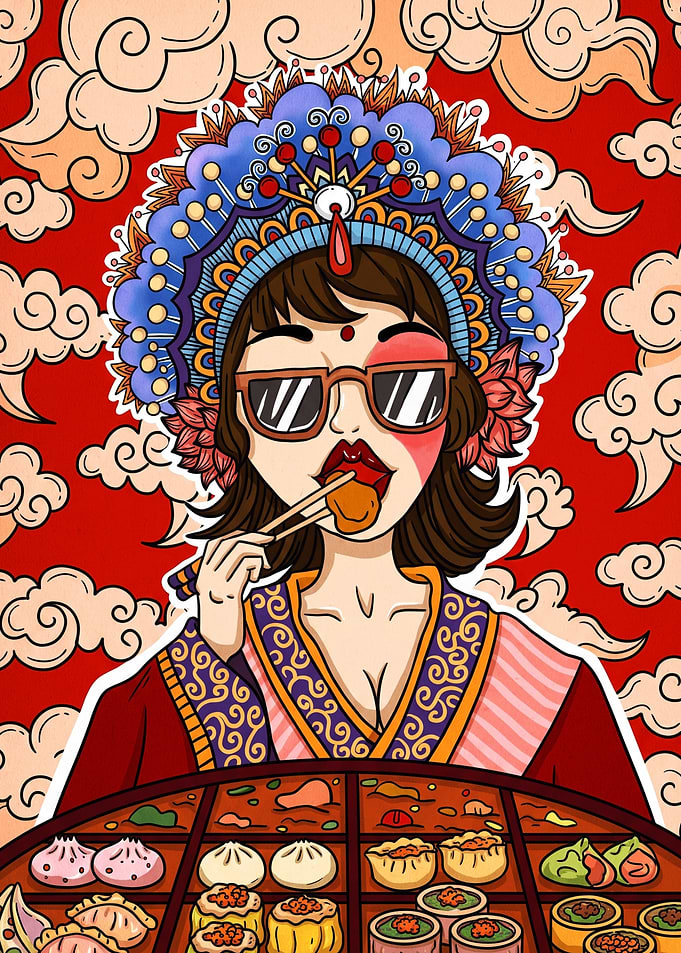 Modern Chinese Opera Girl Eating Dim Sum