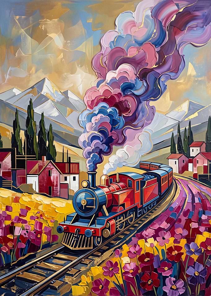 Vibrant Steam Train Through Flower Fields